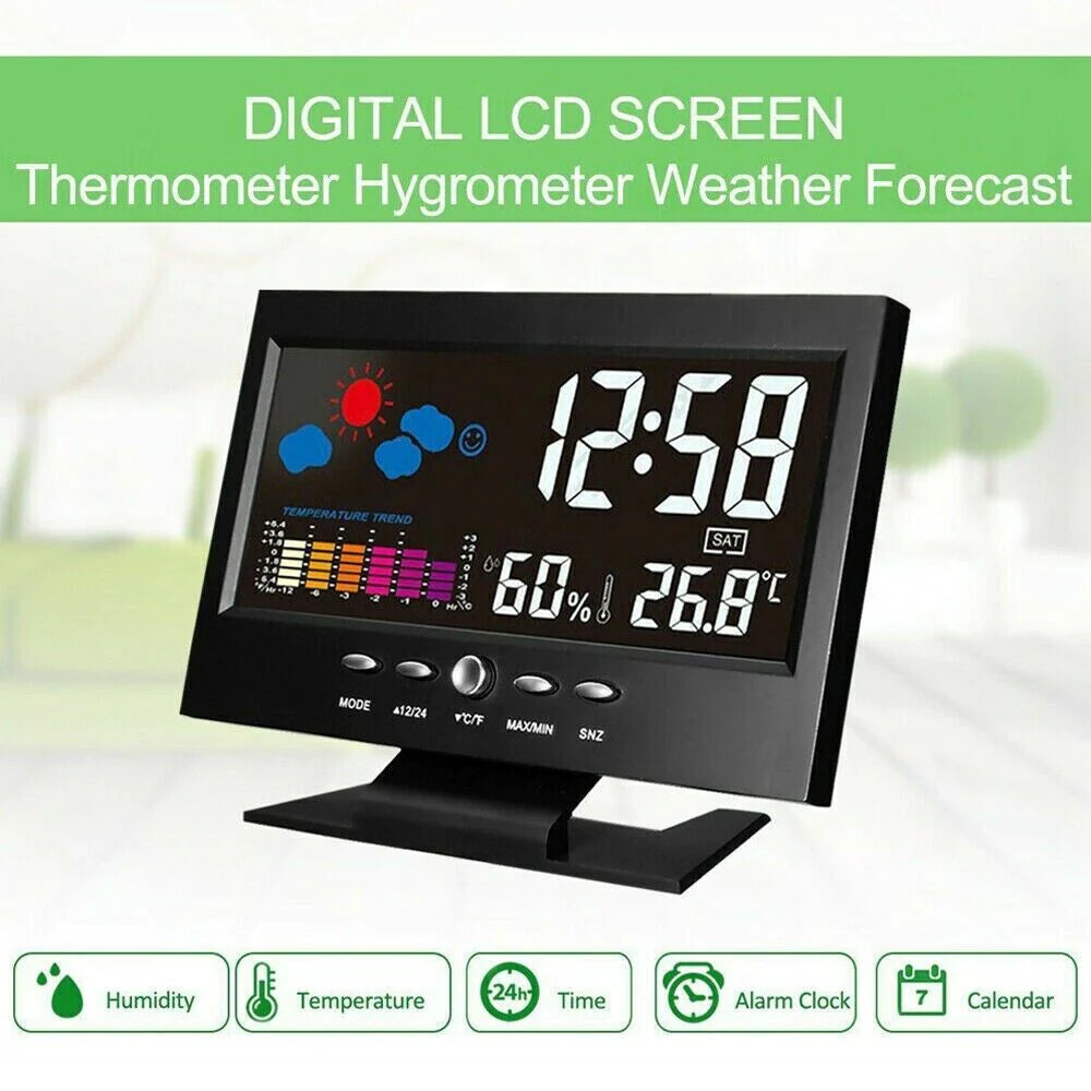 LED Digital Alarm Clock with Snooze Function, Calendar, Thermometer, Hygrometer, and Weather Display