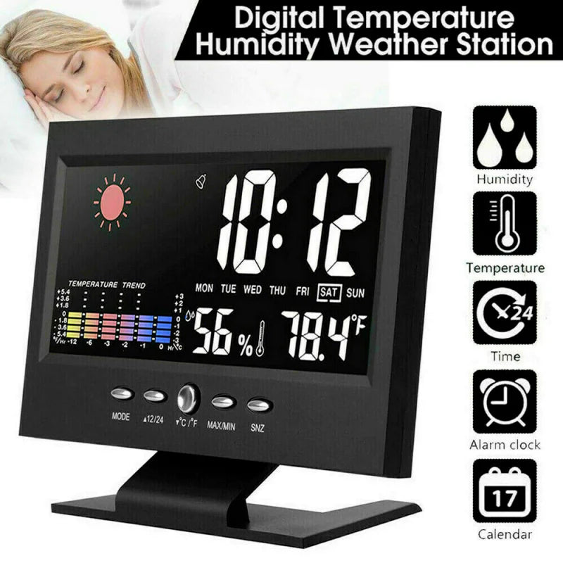 LED Digital Alarm Clock with Snooze Function, Calendar, Thermometer, Hygrometer, and Weather Display