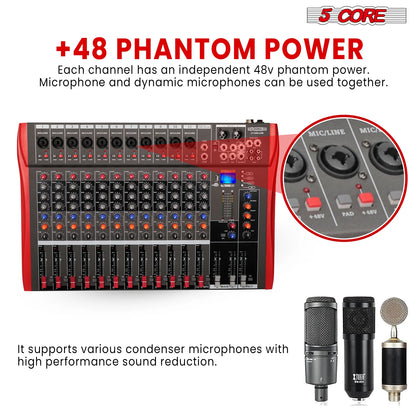 5 Core Audio Mixer 12 Channel DJ Equipment with Bluetooth USB Sound Board Console