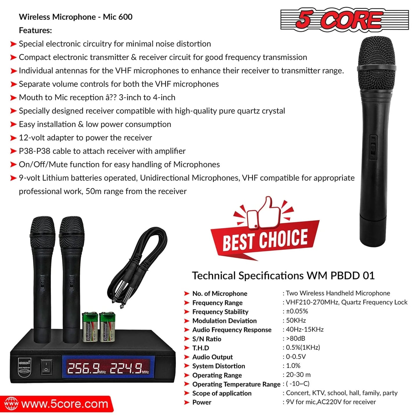 5Core VHF Dual Frequency Wireless Microphone with 100FT Range