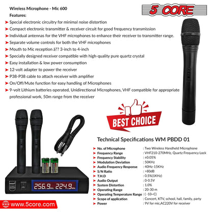 5Core VHF Dual Frequency Wireless Microphone with 100FT Range