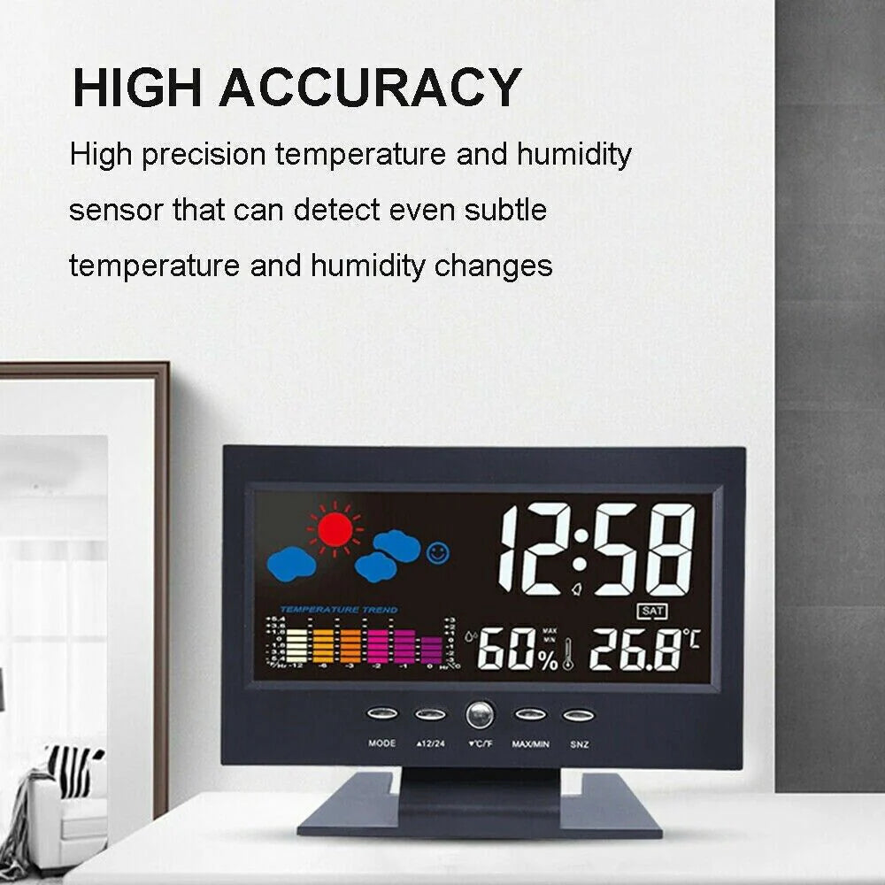 LED Digital Alarm Clock with Snooze Function, Calendar, Thermometer, Hygrometer, and Weather Display