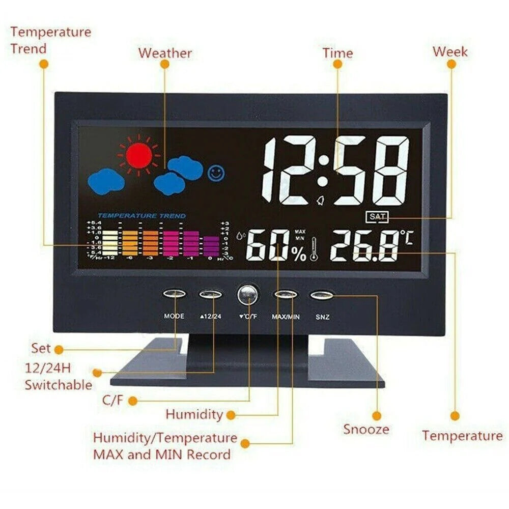 LED Digital Alarm Clock with Snooze Function, Calendar, Thermometer, Hygrometer, and Weather Display