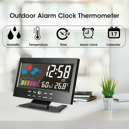 LED Digital Alarm Clock with Snooze Function, Calendar, Thermometer, Hygrometer, and Weather Display