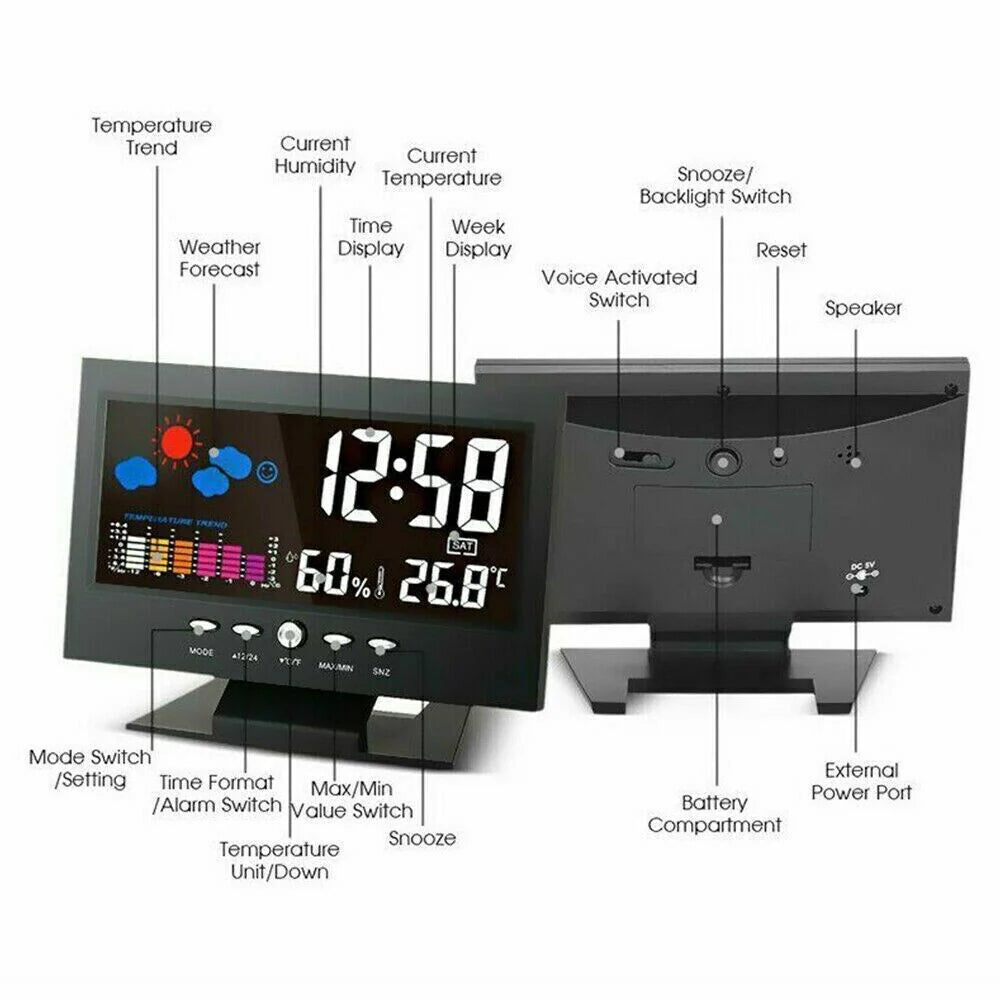 LED Digital Alarm Clock with Snooze Function, Calendar, Thermometer, Hygrometer, and Weather Display