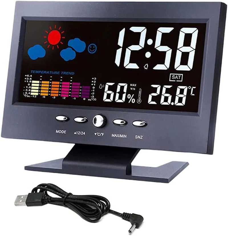 LED Digital Alarm Clock with Snooze Function, Calendar, Thermometer, Hygrometer, and Weather Display