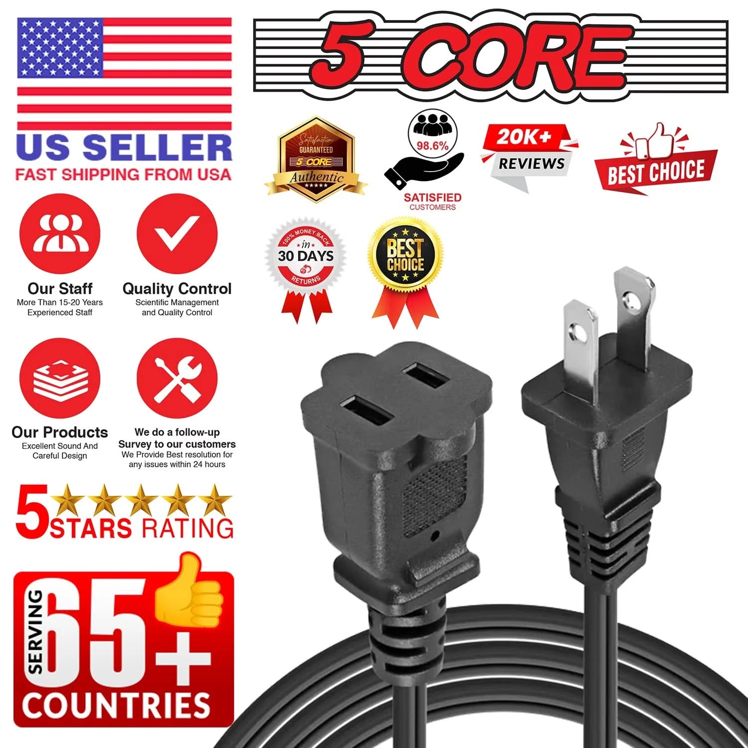 5Core AC Power Cord 15 Ft US Polarized Male to Female 2 Prong Extension Adapter Cords 16AWG 125V