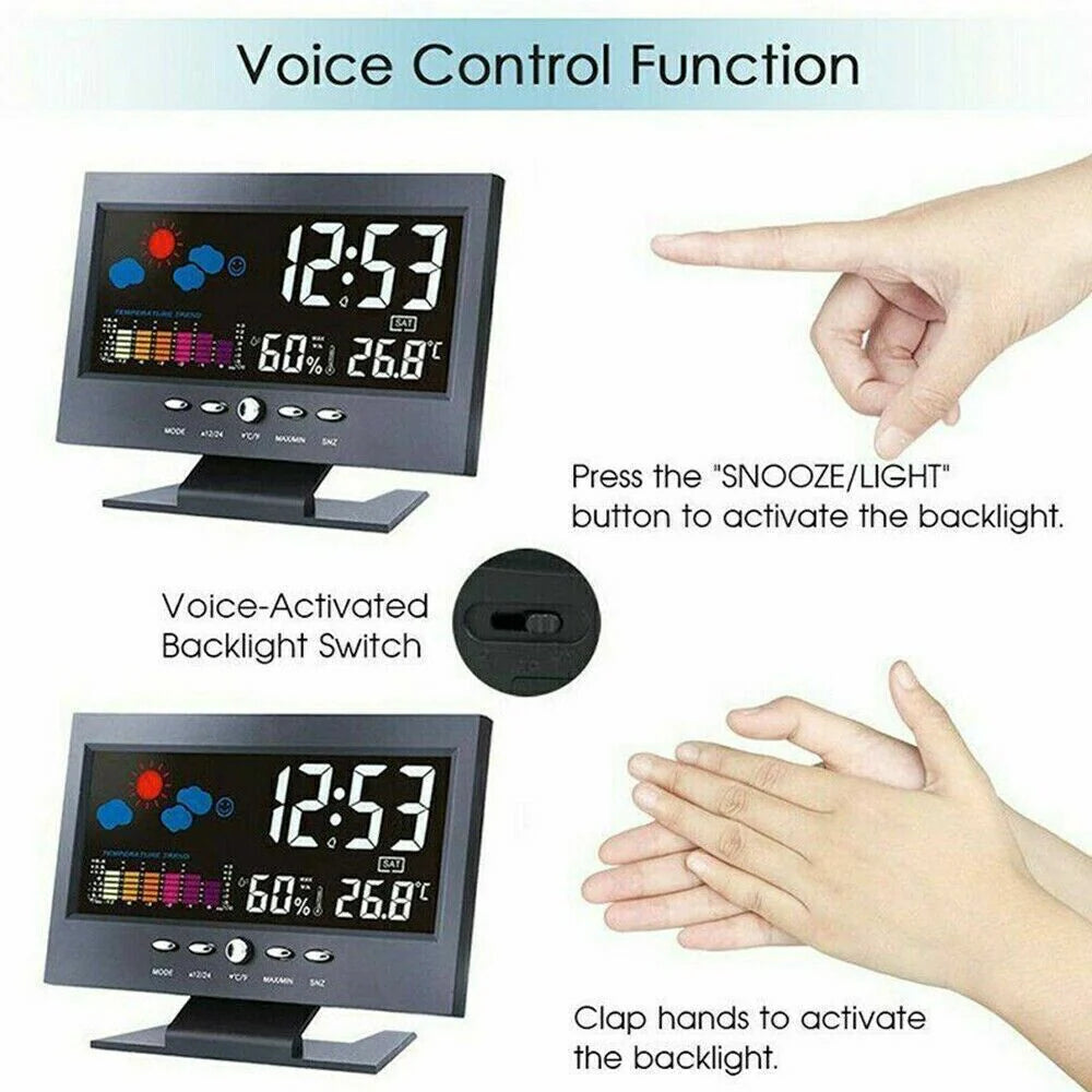 LED Digital Alarm Clock with Snooze Function, Calendar, Thermometer, Hygrometer, and Weather Display