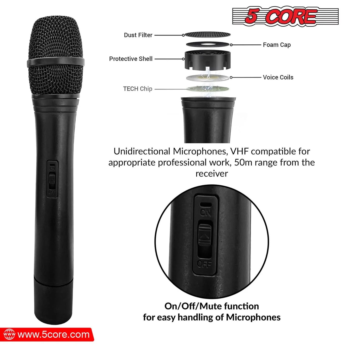 5Core VHF Dual Frequency Wireless Microphone with 100FT Range