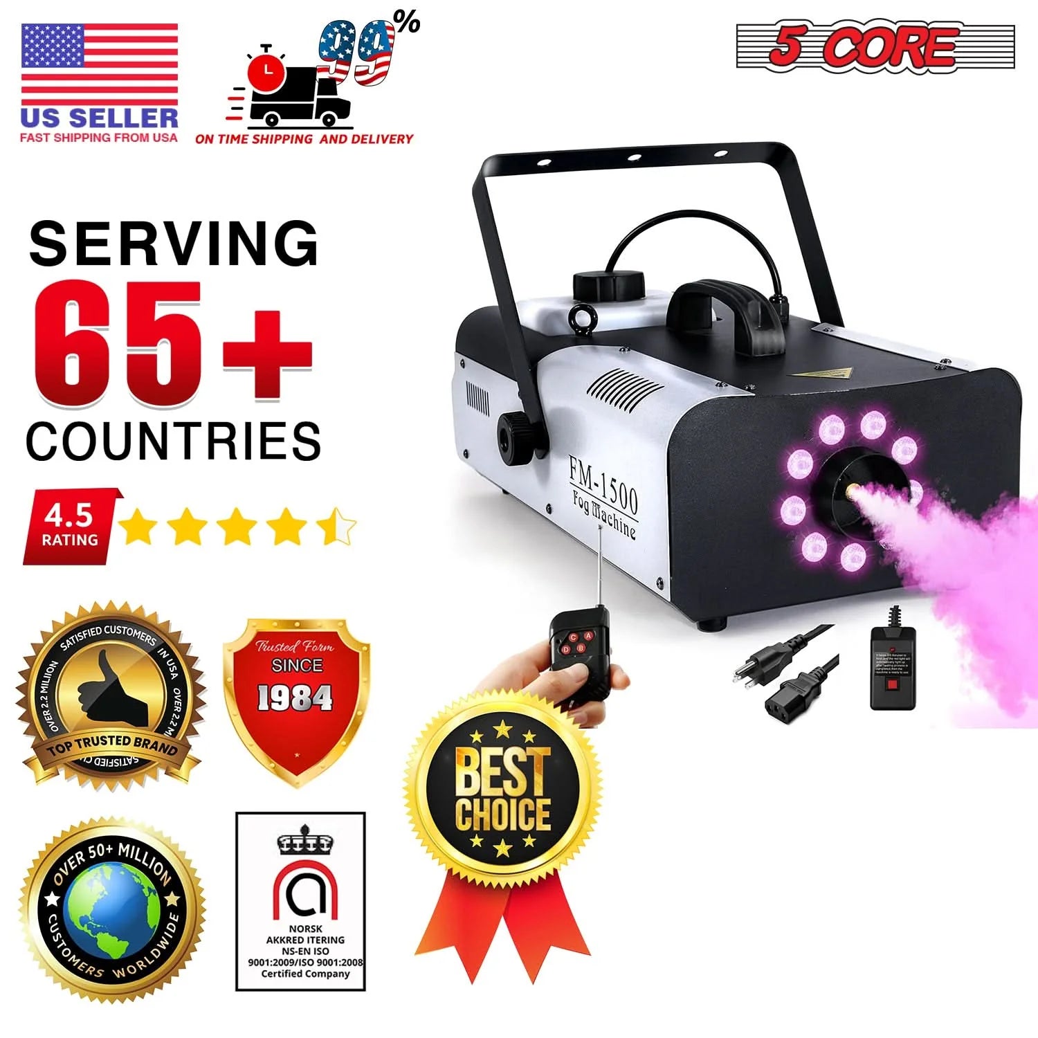 5 Core Fog Machine Indoor Outdoor 1500W 6000CFM Fogger Smoke Machine W LED 2.5 L Tank Remote