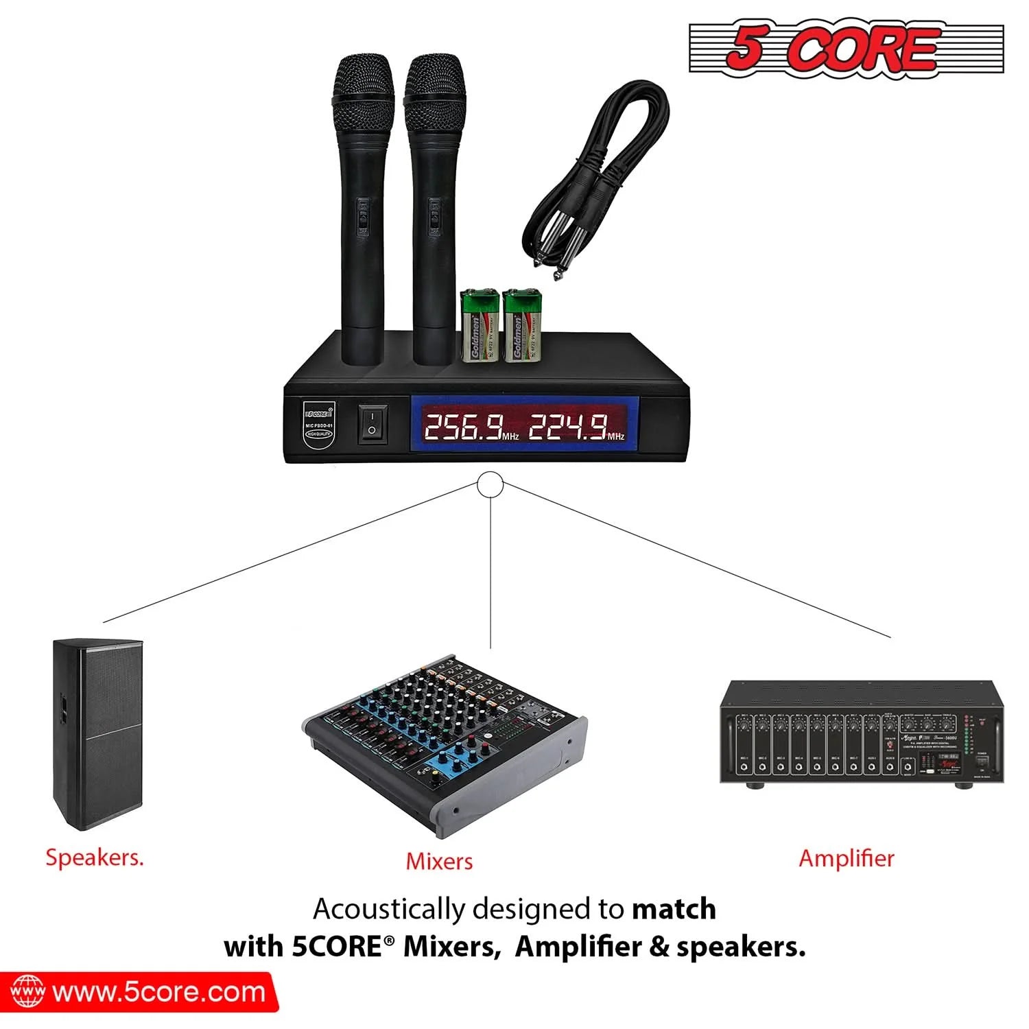 5Core VHF Dual Frequency Wireless Microphone with 100FT Range