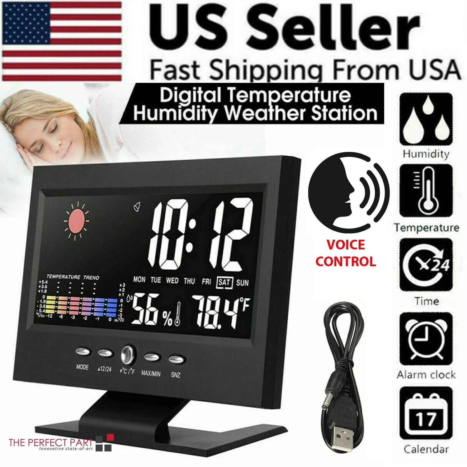 LED Digital Alarm Clock with Snooze Function, Calendar, Thermometer, Hygrometer, and Weather Display