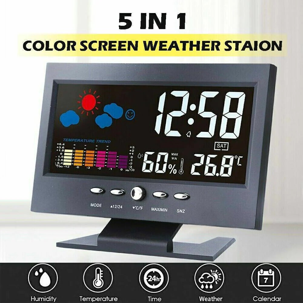 LED Digital Alarm Clock with Snooze Function, Calendar, Thermometer, Hygrometer, and Weather Display