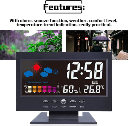 LED Digital Alarm Clock with Snooze Function, Calendar, Thermometer, Hygrometer, and Weather Display